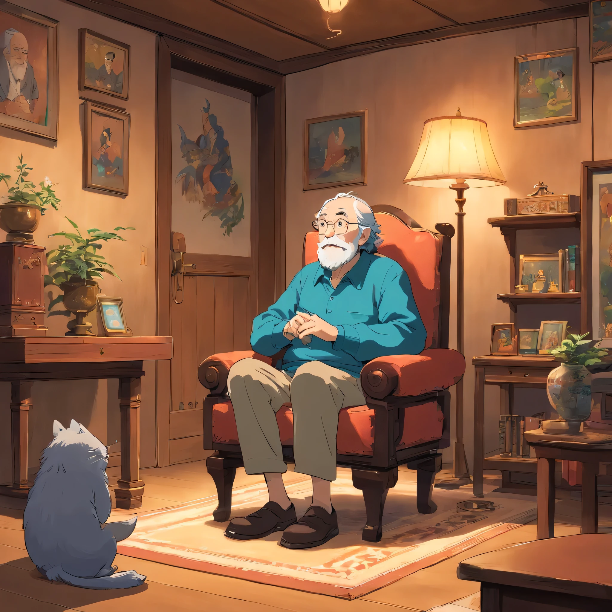 A old man sitting on a chair in a room and talking in a mic the room is well furnished with some idols behind
