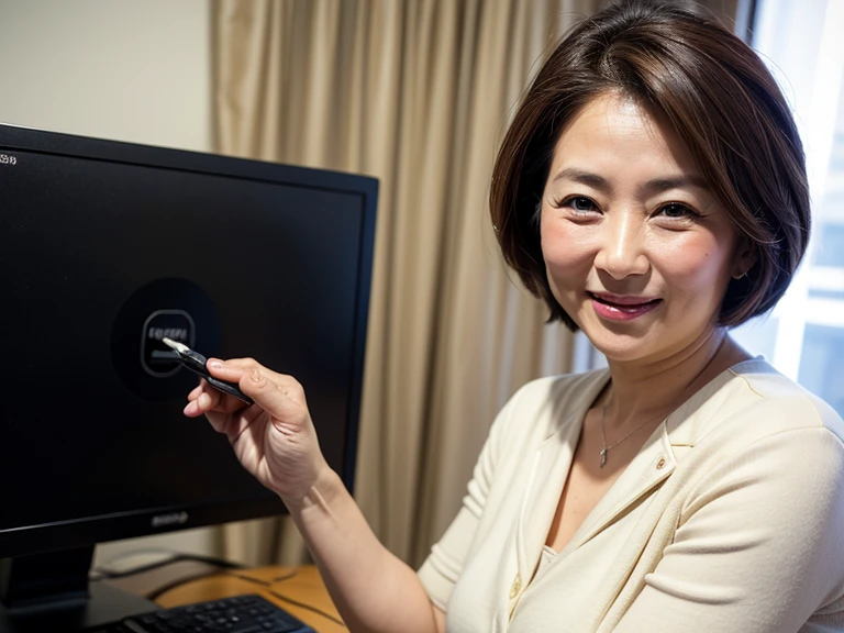 Highest quality、Masterpiece、Realistic、A striking image、Smiling businesswoman using a computer、40 years old、Sweat、Brown Hair、indoor、Very detailed、intrinsical、Fuji 55mm Film
