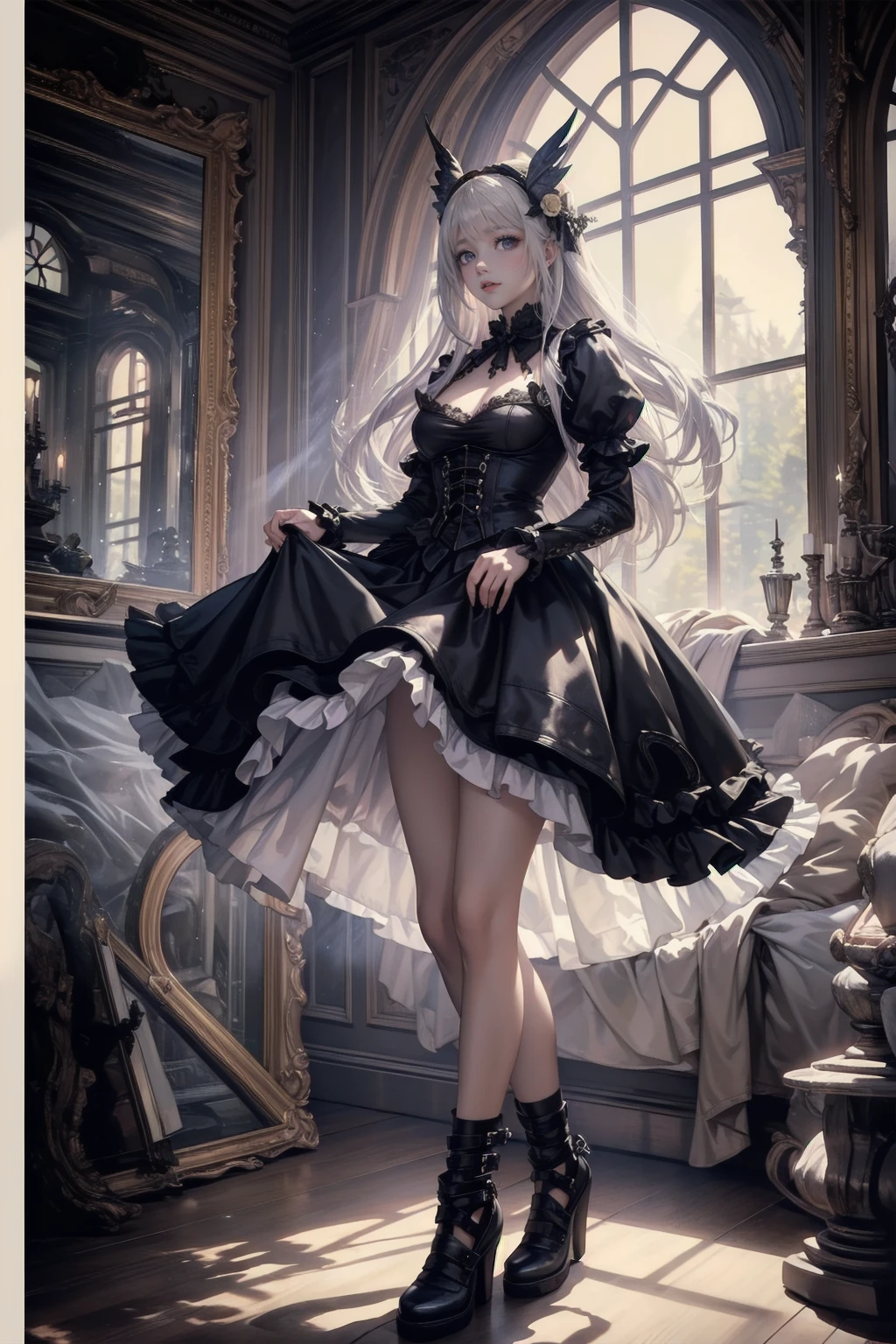 ((Highest quality)), ((masterpiece)), (detailed), Perfect Face ((Highest quality)), ((masterpiece)), (detailed), blank White Background, Plain background, White Background, Inspired by Bloodborne,  occult aesthetic, occult, detailed and intricate steampunk and detailed gothic, Browsing Caution, Very dramatic and cinematic lighting, Space horror, dark, Side light, Perfect Face, Valkyries, the beautiful goddesses worshipped in armor, Inspired by Bloodborne valkyrie, occult aesthetic valkyrie, occult valkyrie, detailed and intricate steampunk and detailed gothic valkyrie, Brandishing a sword、Hold a shield, Browsing Caution, Fluttering lace flared long Knee length dresses with frilly petticoats, Knee length dresses, Pleated petticoat, Lolita Dress, Petticoat Gothic Lolita, Side light, Gothic Lolita Aesthetics, beautiful Small breasts, Small breasts, full body, whole body, body, Plain background, White Background, Blank Background, No background, White Background Browsing Caution, full body, whole body, Head to Toe