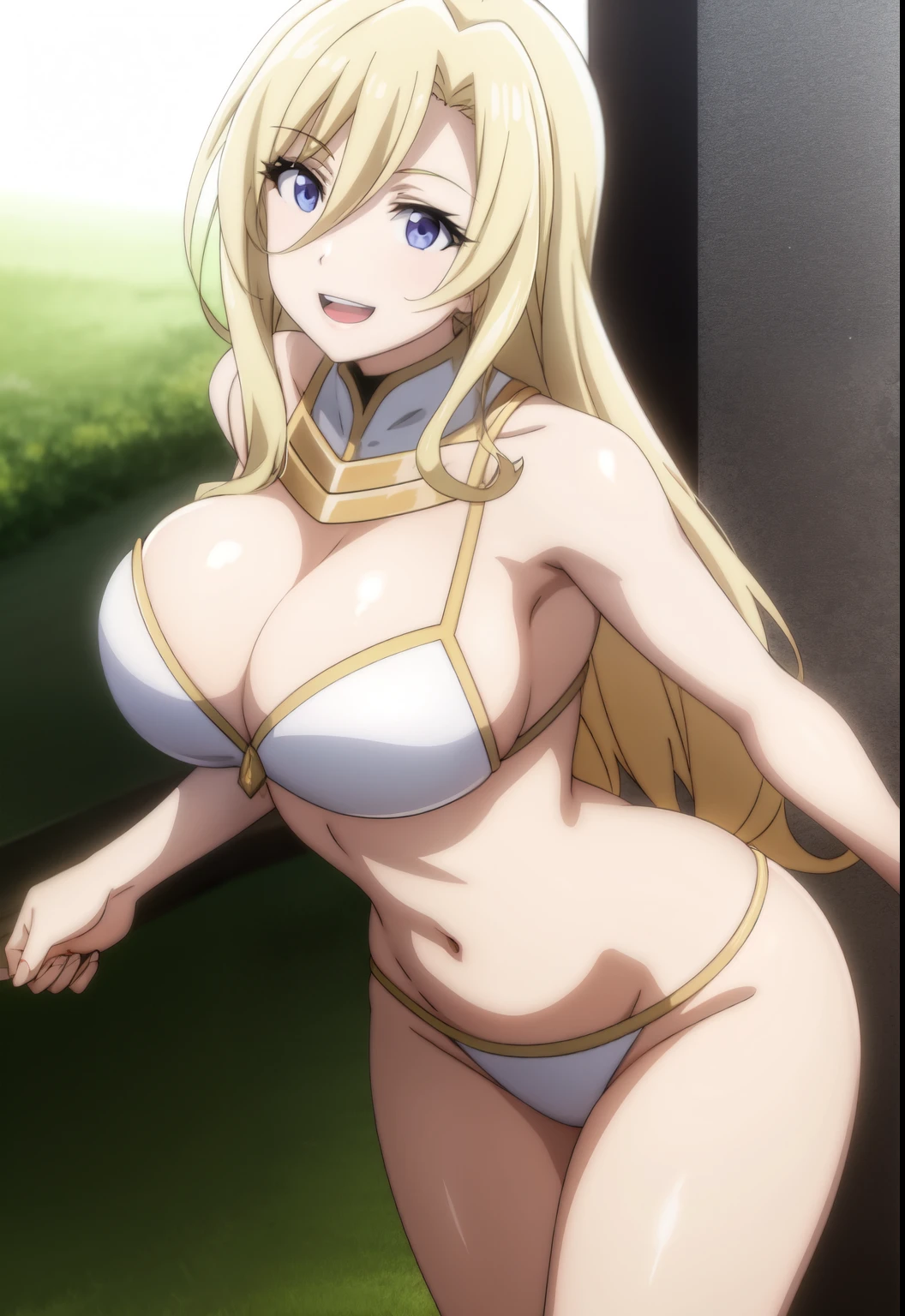 GoblinSlayer, FemaleKnight, solo, looking at viewer, smile, open mouth, teeth, blonde hair, yellow hair, Kong hair, blue eyes, (big breast), full body, perfect hands, ((skinny body)) , skinny_body, bikini, anime coloring, perfect body, ((clear shoulders)), perfect body, perfect_body, perfect_body