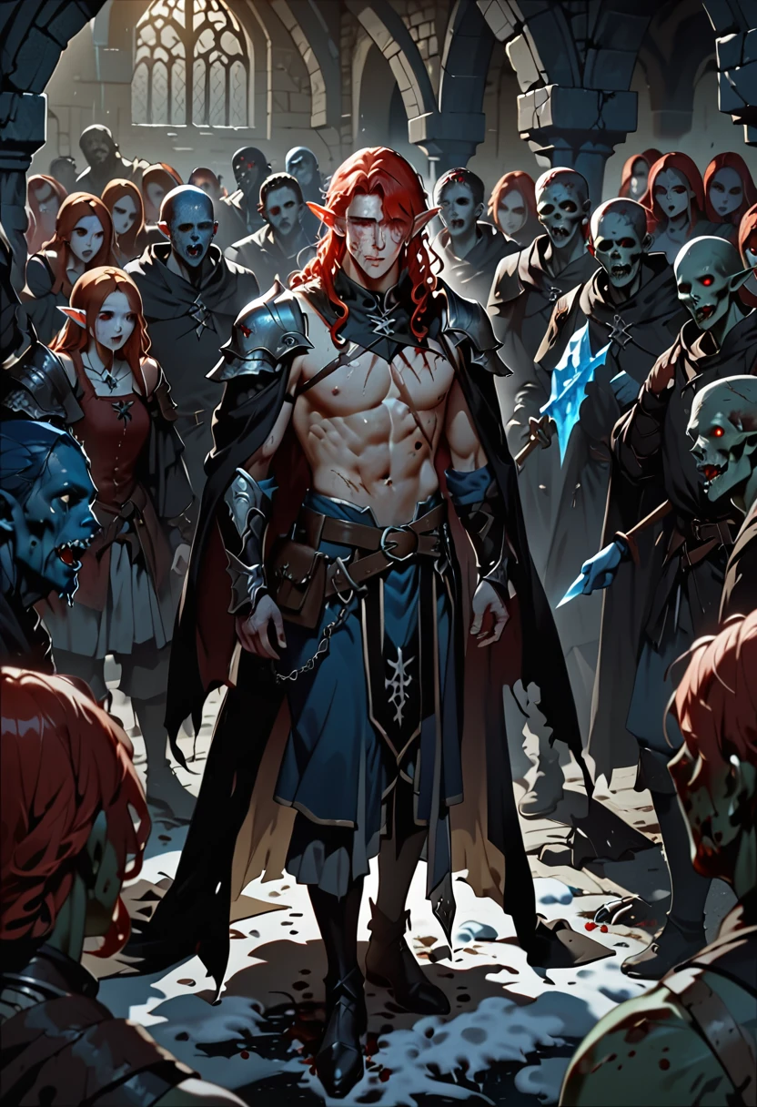 masterpiece, noise reduction, one boy, Best quality, sharp image, permission 8k, sharp image, Just focus, stunning composition, Volumetric lighting, super quality, Very detailed, medieval fantasy, adult male elf, long red curly hair, a few strands fall on your face, scar on the lip, Sharp facial features, heavy tired look, blue cold eyes, thin, skinny, thin, pale skin, freckles on the face, neck and shoulders, black robe necromancer, full height, Red hair, surrounded by dead people and zombies