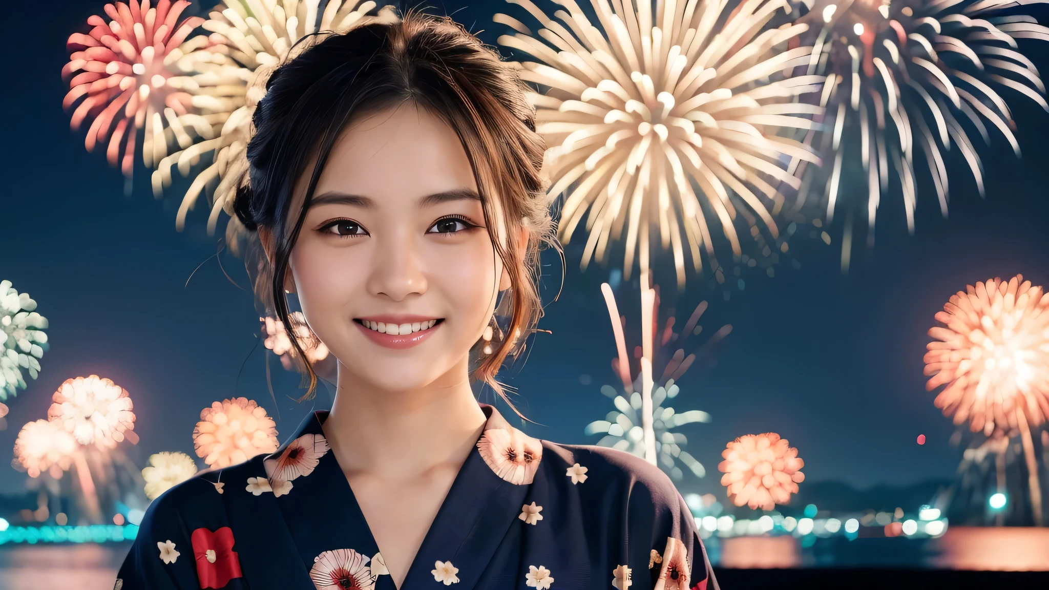 kawaii, (1girl), (happy smile:1.2), (yukata), Chignon hair, (Best Quality:1.4), Realistic, extremely detailed CG unified 8k wallpaper, highly detailed, High-definition raw color photos, professional photography, Realistic portrait, Beautiful detailed, Close up portrait of girl, Outdoors, Beautiful scenery, beach, (The night sky, fireworks, beautiful fireworks spreading across the sky:1.4), so beautiful, upper body photos, amazingly beautiful sight, A wonderful, (Fine face:1.2),