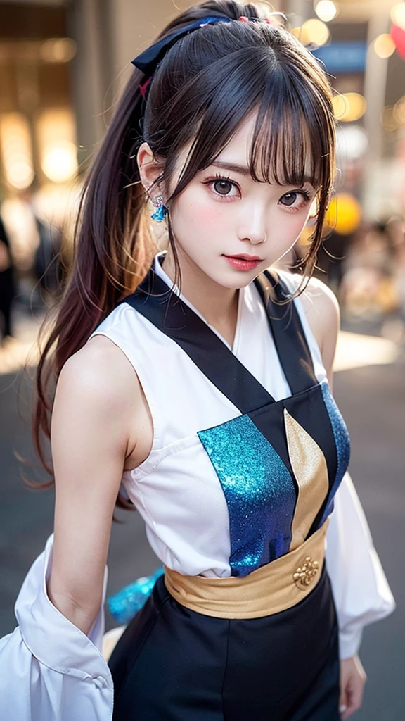 (masutepiece), (Best Quality), (super detailed), (Dirty hair), (Illustration), (1 girl) (Long pink hair 1.5) (Blue eyes) (Double ponytail 2.0), ((((No Shoulders))),Hanfu, (gaze at the audience, (interview), (Simple background), beautiful and delicate eyes, Delicate beautiful face, Soaring (High color saturation), (Colorful Glitter), Multicolor bubble, (Glitter), Facial accents, PerfectNwsjMajic, Conservative Clothes, Shoulderless, Autumn clothes, Facing the masses, Perfect figure,