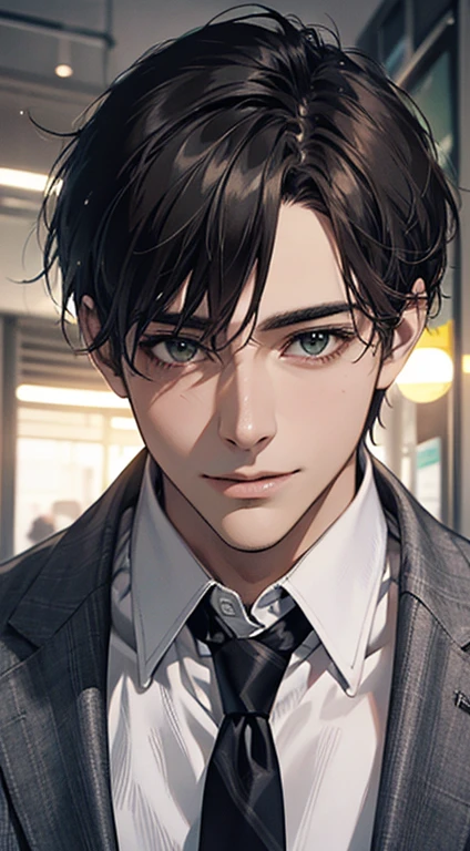 (Highest quality,4K,8K,High resolution,masterpiece:1.2),Super detailed,(Realistic,photoRealistic,photo-Realistic:1.37),1 person,34 years old,Mature Men,Beautiful skin、very handsome,Expressionless smile in love,Short gray brown hair,green eyes,Sharp Eyes,A perfect face without a doubt,Businessman, CEO, Office Background,Cinema Lighting,HDR image,tie、