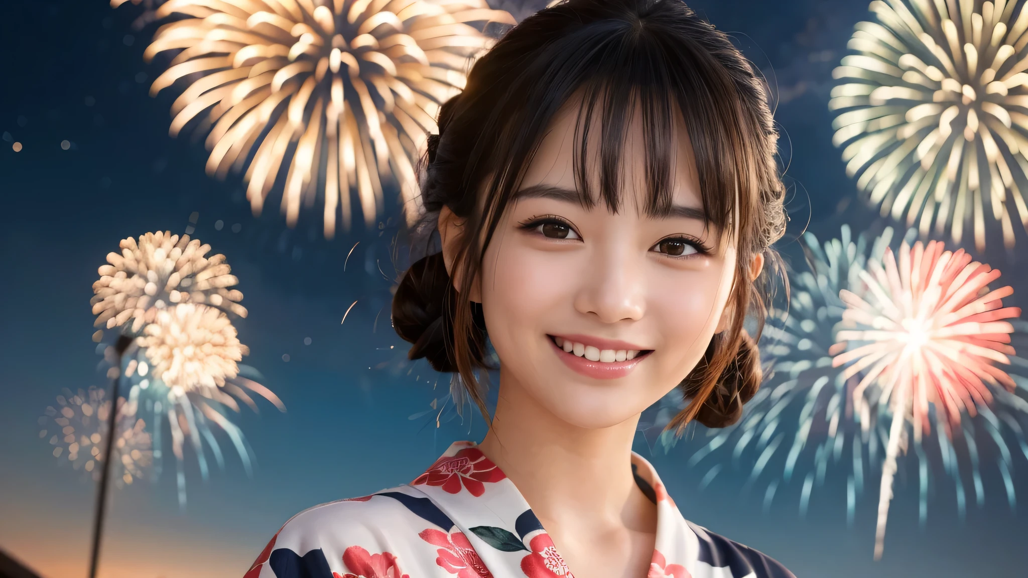 kawaii, (1girl), (happy smile:1.2), (yukata), Chignon hair, (Best Quality:1.4), Realistic, extremely detailed CG unified 8k wallpaper, highly detailed, High-definition raw color photos, professional photography, Realistic portrait, Beautiful detailed, Close up portrait of girl, Outdoors, Beautiful scenery, beach, (The night sky, fireworks, beautiful fireworks spreading across the sky:1.4), so beautiful, upper body photos, amazingly beautiful sight, A wonderful, (Fine face:1.2),