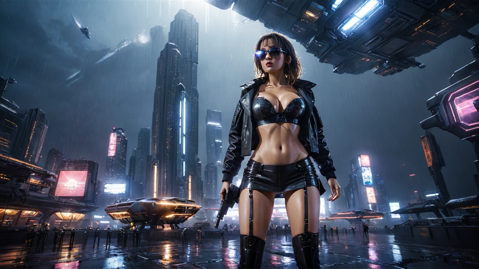 (((aerial view))), Blade Runner style futuristic space station platform, flying cars, neon lights, rainy night. (1girl, solo, alone), large-:1.2 slim body, cleavasexy laced linie, low angle view miniskirt, jacket, (black sunglasses), (((she raised a pistol:1.8 and shot the viewer))), dynamic pose, (((half-body thigh level medium shot))), cinematic lighting, lens flare, ray tracing.