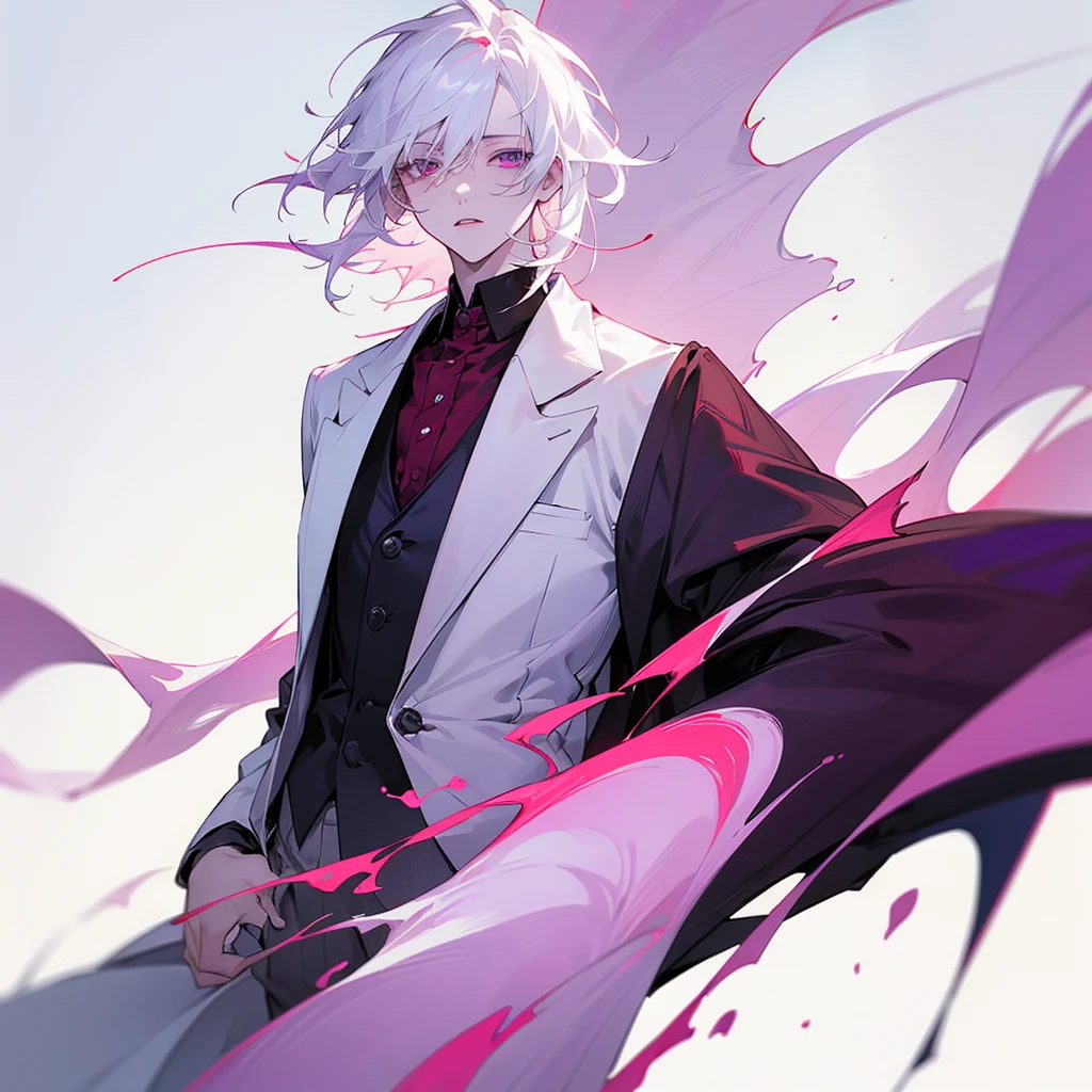 A albino age boy in a shirt with pale skin and white hair with red purplish albino eyea wearing formal clothes with slightly messy hair