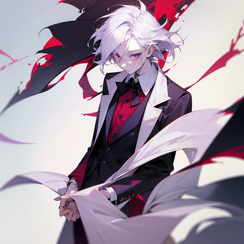 A albino age boy in a shirt with pale skin and white hair with red purplish albino eyea wearing formal clothes with slightly messy hair