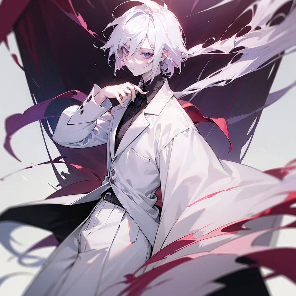 A albino teenage boy in a shirt with pale skin and white hair with red purplish albino eyea wearing formal clothes with slightly messy hair
