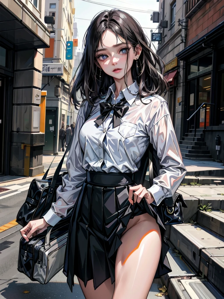 absurdres, RAW photo, extremely delicate and beautiful, masterpiece, Best Quality, ultra high resolution, 32k, hyperrealistic, ultra-detailed, perfect anatomy, anatomically correct, perfect figure, Perfect Style, Perfect balance, super Detailed skin, in her 30s, very Slim body, narrow waist, very small head, very small face, delicate facial features, handsome detailed woman, very detailed eyes and face, realistic face proportions, Realistic beautiful face, Realistic beautiful eyes, tearful mole, earring, big tits, whole body shot, medium hair, outdoor, (school_uniform:1.2), skirt, dress shirt,