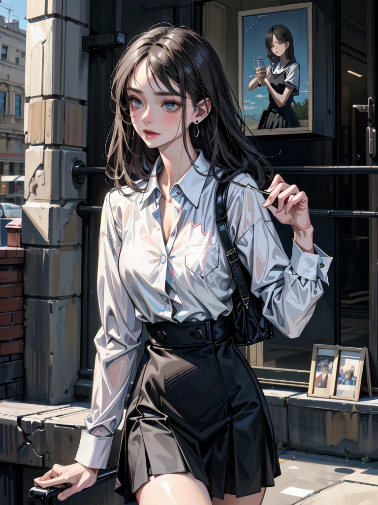 absurdres, RAW photo, extremely delicate and beautiful, masterpiece, Best Quality, ultra high resolution, 32k, hyperrealistic, ultra-detailed, perfect anatomy, anatomically correct, perfect figure, Perfect Style, Perfect balance, super Detailed skin, in her 30s, very Slim body, narrow waist, very small head, very small face, delicate facial features, handsome detailed woman, very detailed eyes and face, realistic face proportions, Realistic beautiful face, Realistic beautiful eyes, tearful mole, earring, big tits, whole body shot, medium hair, outdoor, (school_uniform:1.2), skirt, dress shirt, 