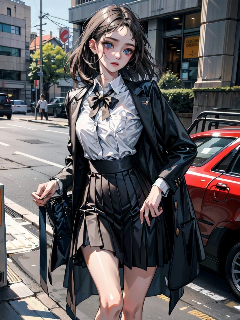 best quality, masterpiece, 19 years old girl, beautiful face, (photo photo:1.3), edge lighting, (high detail skin:1.2), 8k ultra hd, DSLR, high quality, high resolution, 4k, 8k, bokeh, ridiculous, best ratio four fingers and one thumb, (realistic: 1.3), cute 1girl, wearing black formal blazer, small breasts, short skirt,