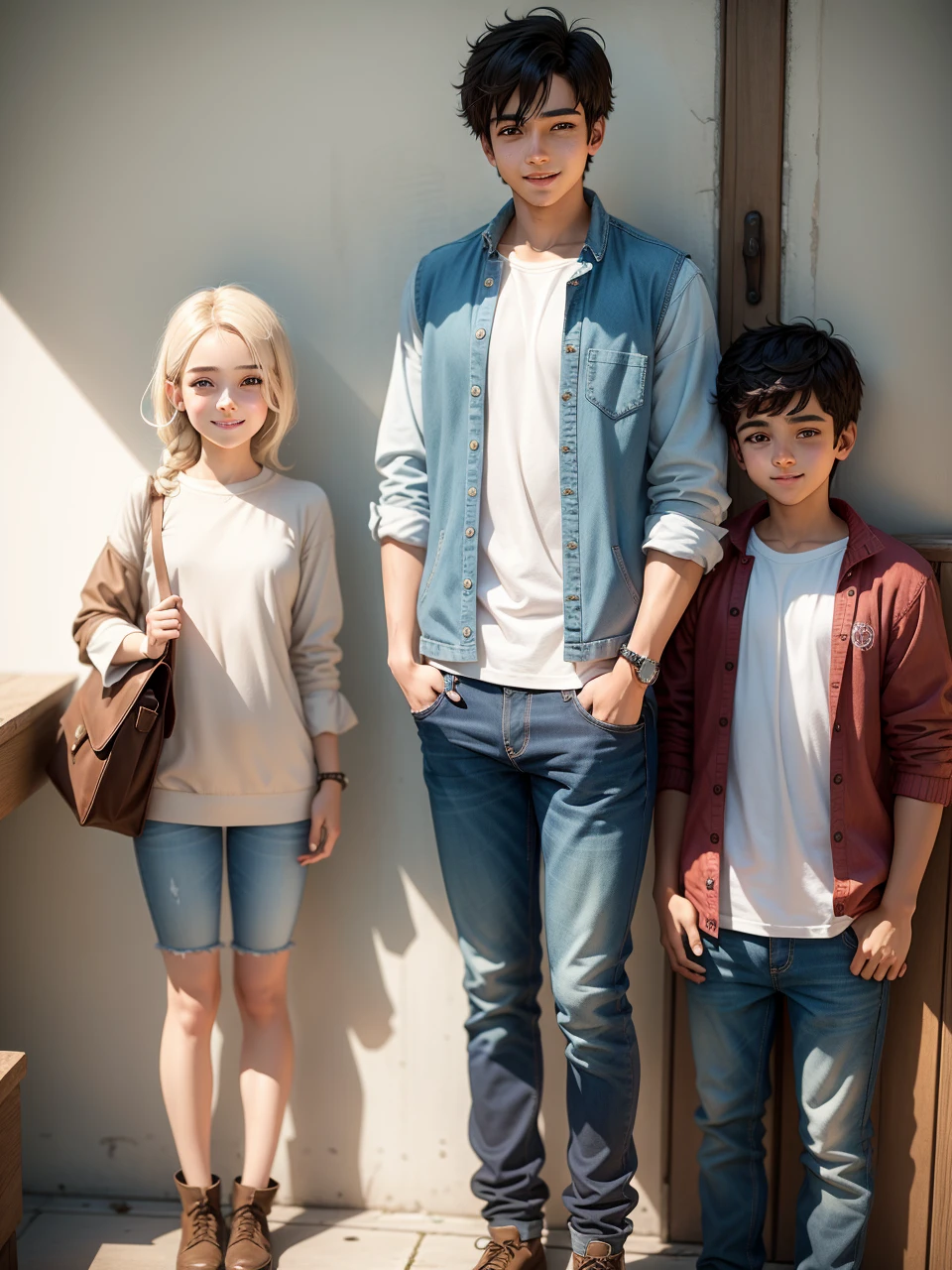 a boy and a girl, twins, Brother and sister, Exactly the same, in jeans and shirts, stand next to each other in full growth, The boy is modest and calm, The boy has a book in his hands, The girl smiles broadly, Kind of hooligan, In his left hand is a wooden sword, soft light, Detailed, High-quality textures, Realistic, smiles, islamic couples