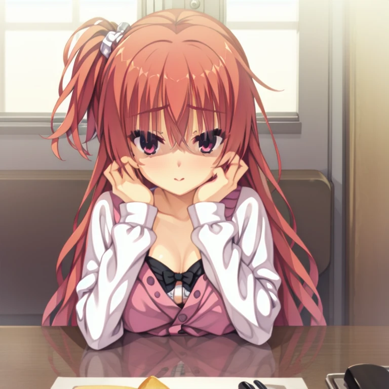 (Tabletop:1.0), (highest quality:1.4), (High resolution:1.2), From the side,Sharp contours, boyish, highest quality, masterpiece,Glasses,Voice of the Heart,20-year-old woman,yandere,Big Breasts,Chest to chest,Lying face down,Upper Body,Ecstasy,blush,Squint your eyes,Tuck up your clothes,lure