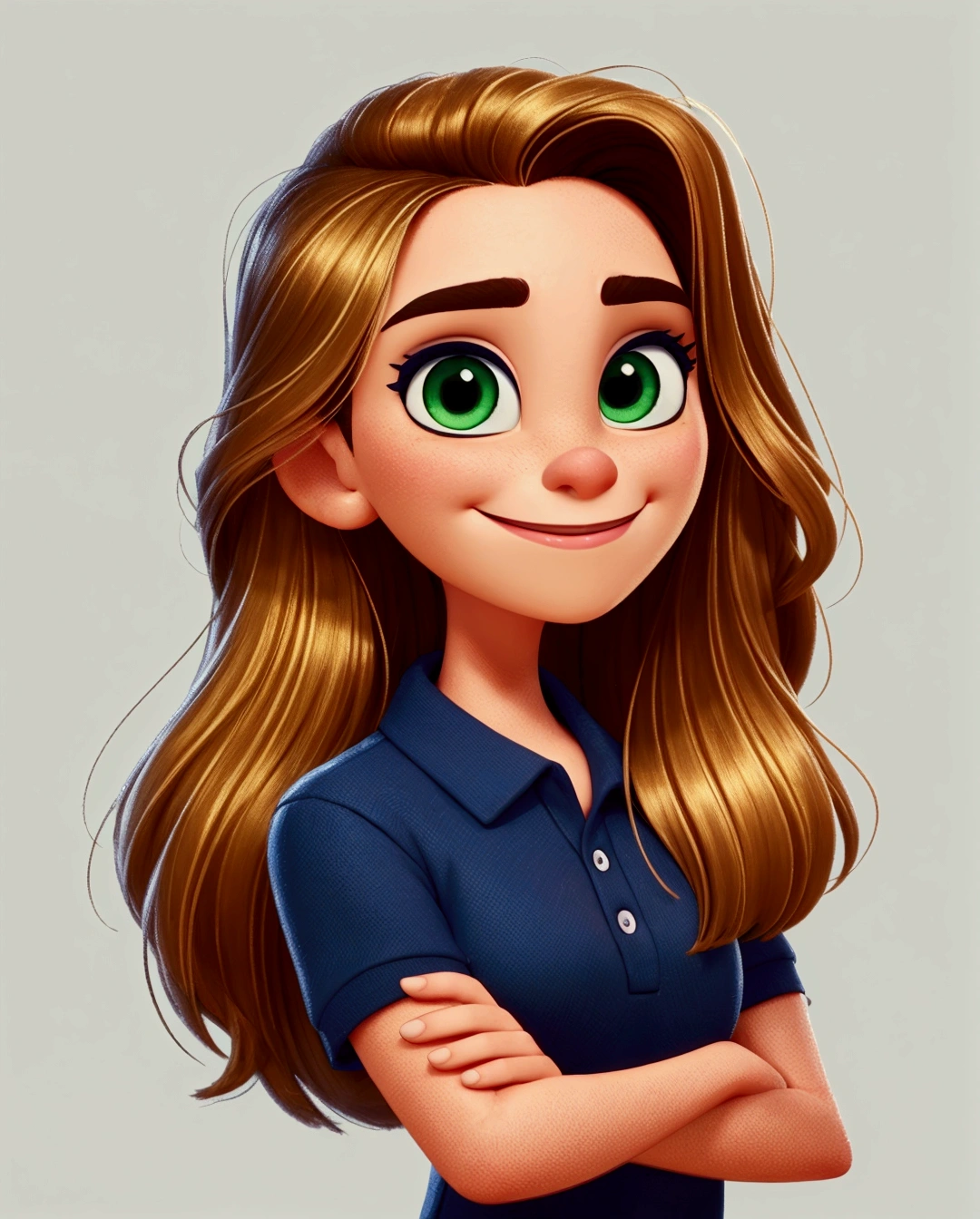 Cartoon woman wearing a navy blue polo shirt, with arms crossed in front of the body and smiling, animation character, stylized character, animation style rendering, 3d stylized, Arnold Maya rendering, Stylized 3D rendering, toon render screenshot, 3d character, 3d character, Stylized 3D rendering, 3D character rendering, cartoon character, Personagem de close up, character posing, (Pixar-style) (master part:1.2) (bokeh) (best qualityer) (skin detailed) (detailed texture) (8k) (Argilla) (cinematic lighting) (sharp focus