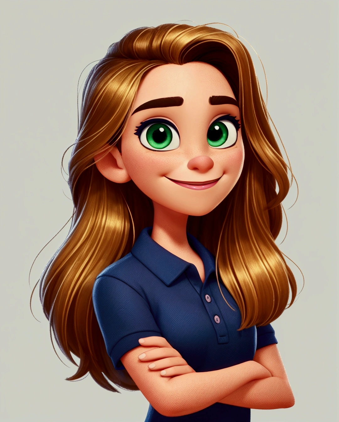 Cartoon woman wearing a navy blue polo shirt, with arms crossed in front of the body and smiling, animation character, stylized character, animation style rendering, 3d stylized, Arnold Maya rendering, Stylized 3D rendering, toon render screenshot, 3d character, 3d character, Stylized 3D rendering, 3D character rendering, cartoon character, Personagem de close up, character posing, (Pixar-style) (master part:1.2) (bokeh) (best qualityer) (skin detailed) (detailed texture) (8k) (Argilla) (cinematic lighting) (sharp focus