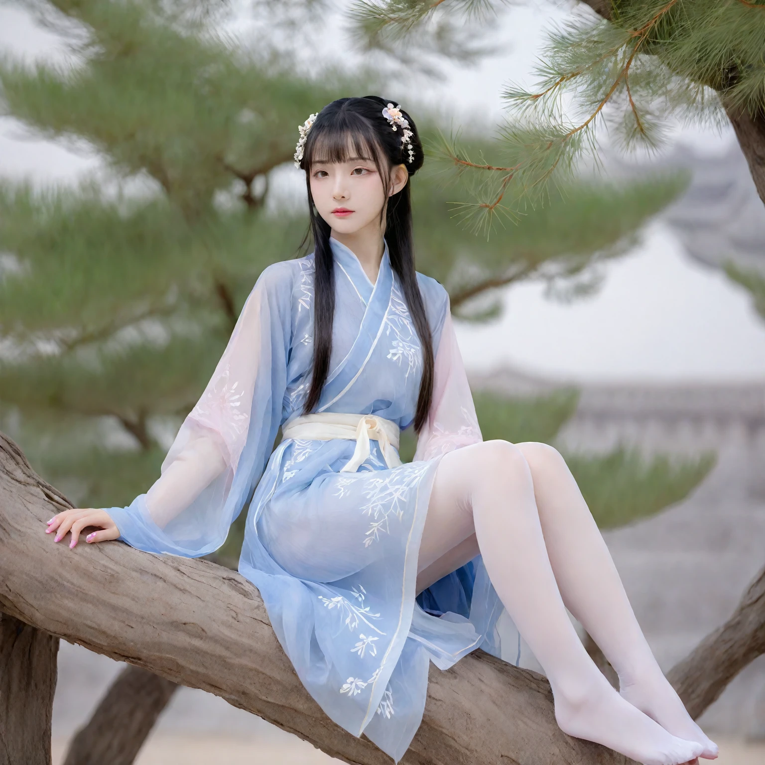 ((1girl)),white_skin,(slender),((((black hair)))),medium hair,[air bangs],(makeup),brown eyes,small nose,((pink_nails)),(slender_waist),(china_dress),(chinese_style),(((((hanfu))))),[transparent],legs,sitting_in_tree,((knees_together_feet_apart)),white_pantyhose,tree,lower_body,hanfu, tang style outfits,((blue upper shan)),