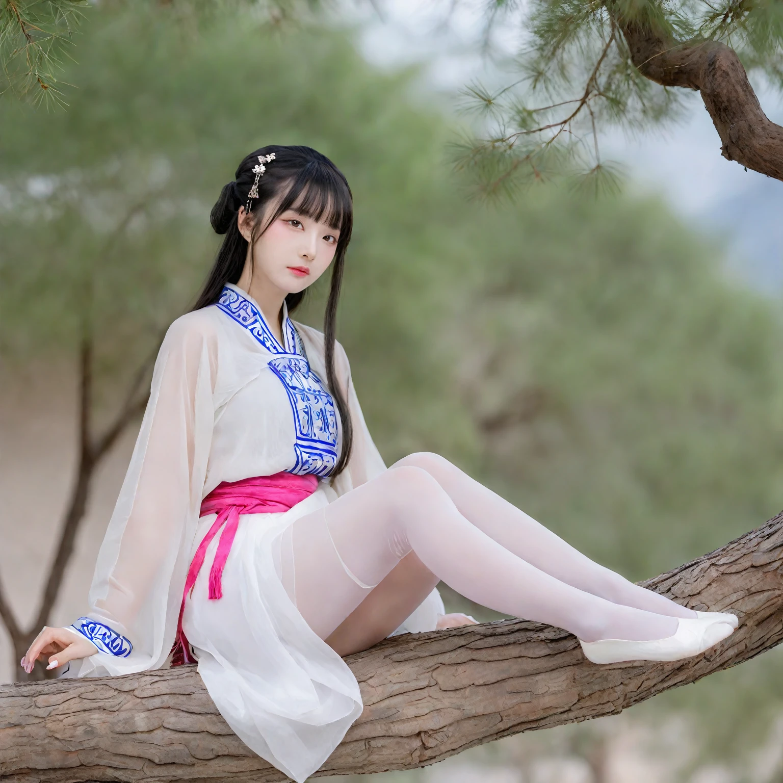 ((1girl)),white_skin,(slender),((((black hair)))),medium hair,[air bangs],(makeup),brown eyes,small nose,((pink_nails)),(slender_waist),(china_dress),(chinese_style),(((((hanfu))))),[transparent],legs,sitting_in_tree,((knees_together_feet_apart)),white_pantyhose,tree,lower_body,hanfu, tang style outfits,((blue upper shan)),