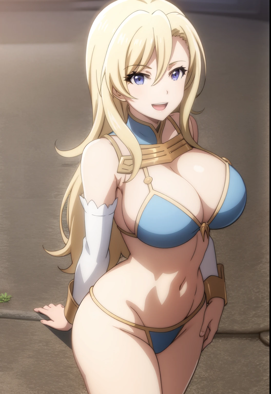 GoblinSlayer, FemaleKnight, solo, looking at viewer, smile, open mouth, teeth, blonde hair, yellow hair, Kong hair, blue eyes, (big breast), full body, perfect hands, ((skinny body)) , bikini, anime coloring, perfect body, ((clear shoulders)), perfect body, perfect_body, perfect_body