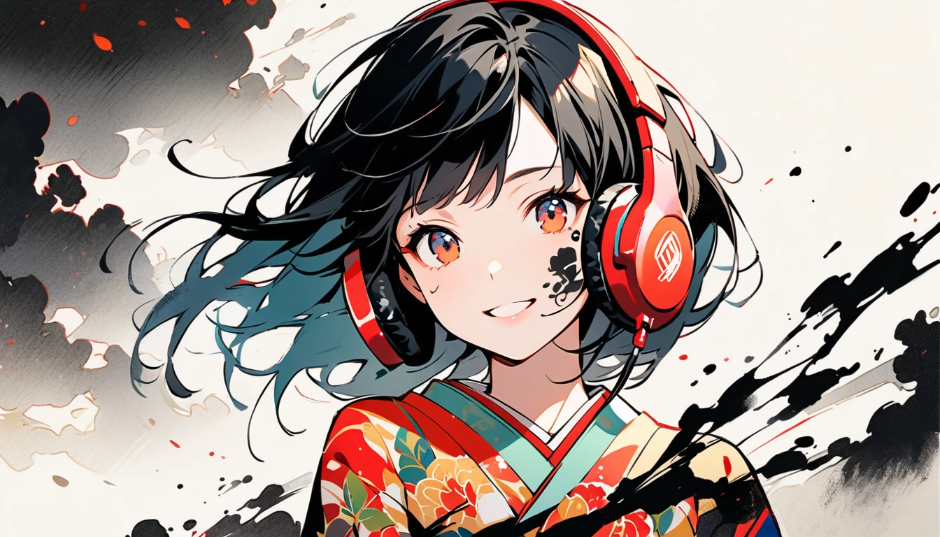 Ink Painting, (((1 girl))), (((Tattoo on face))), (((Gorgeous hair accessories))), Japanese style headphones, Open your arms, Look up to the sky, Japanese, Beautiful woman in kimono, Black Hair, vivid color, Modern ukiyo-e style