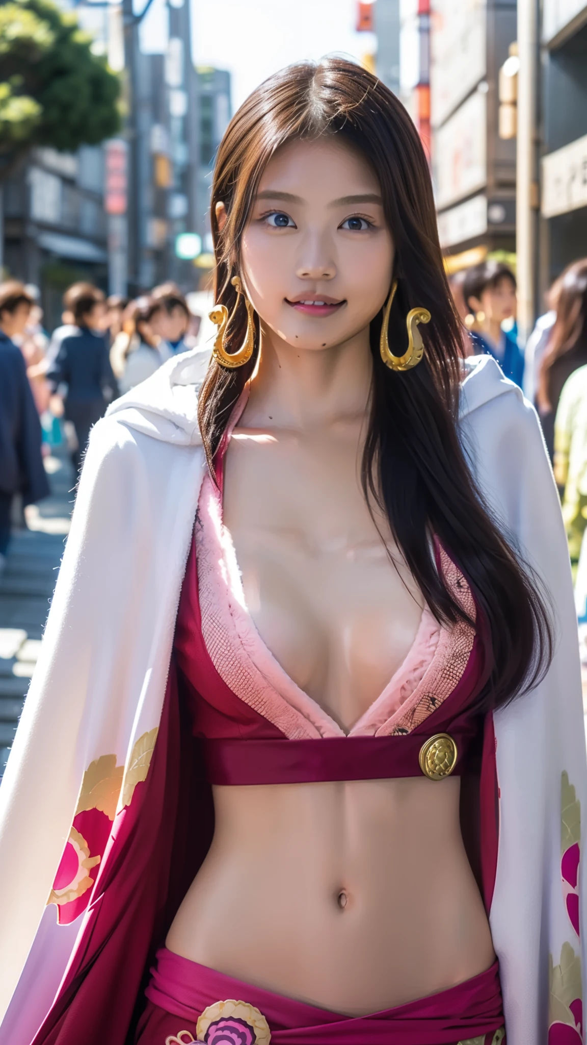 Moisturized Skin、(Pink and bright eyes),(Condescending to people)、Perfect body、
BREAK,
(Beautiful navel),(Side slits),(Epaulettes), Cape, Crop top,Cape,
BREAK,
(Super long hair),(Large gold curved earrings:1.2),
BREAK,
(((masterpiece+Highest quality+High resolution+Very detailed))),  (whole body:1.2),Symmetrical,One Cut,
BREAK,
(In the streets of Japan:1.3),
BREAK、
（ONE PIECE）、(Kasumi Arimura:1.4),(Boa Hancock:1.3),((Big snake)),