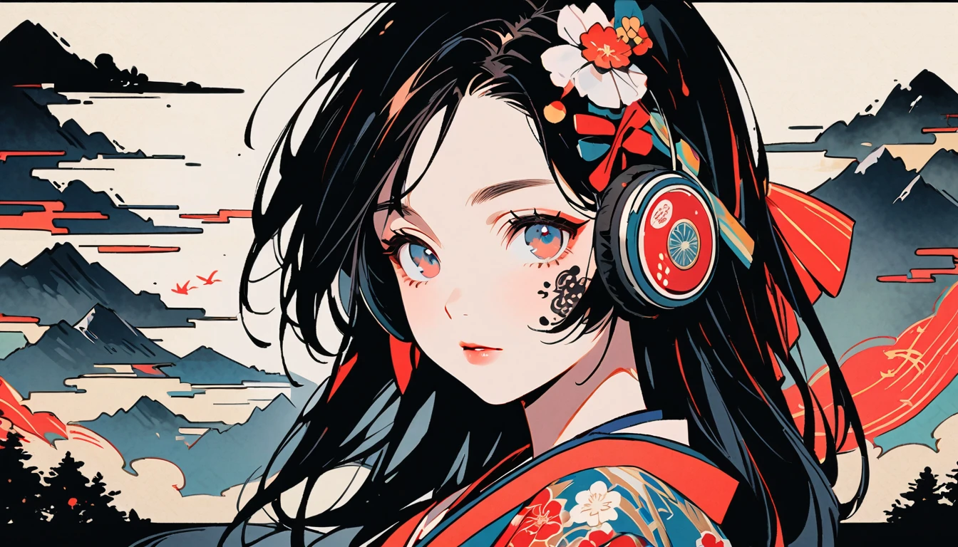 (((Ink Painting))), Fashion portrait color photos, (((1 girl))), (((Tattoo on face))), (((Gorgeous hair accessories))), Japanese style headphones, face close-up, Japan人の美少女, Black Hair, Delicate and precise, Modern ukiyo-e style,Japan, Japanese flag