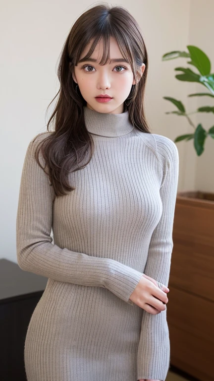 (masterpiece:1.5)、(Realistic:1.5)、(Highest quality:1.4、8k、RAW Photos)、
Ultra-high resolution、Professional Lighting、Perfect dynamic composition、Shot indoors、
Film Grain、chromatic aberration、(Bokeh:1.1)、
Frank、Sophisticated、charm、Surreal、Attention to detail、Golden Ratio、
(1 girl)、Slender girl、繊細でcharm女の子、Cute Woman:1.4、
Serious expression、Looking at the audience、Sculpture Pose、
Light brown hair、Shiny Hair、Hairstyle: Ponytail、
Realistic looking skin、
Shut your mouth.、Beautiful Eyes、double eyelid、Thin arms、、
(She is wearing a light grey turtleneck ribbed sweater dress.:1.3)、(Show off your thighs:1.5)