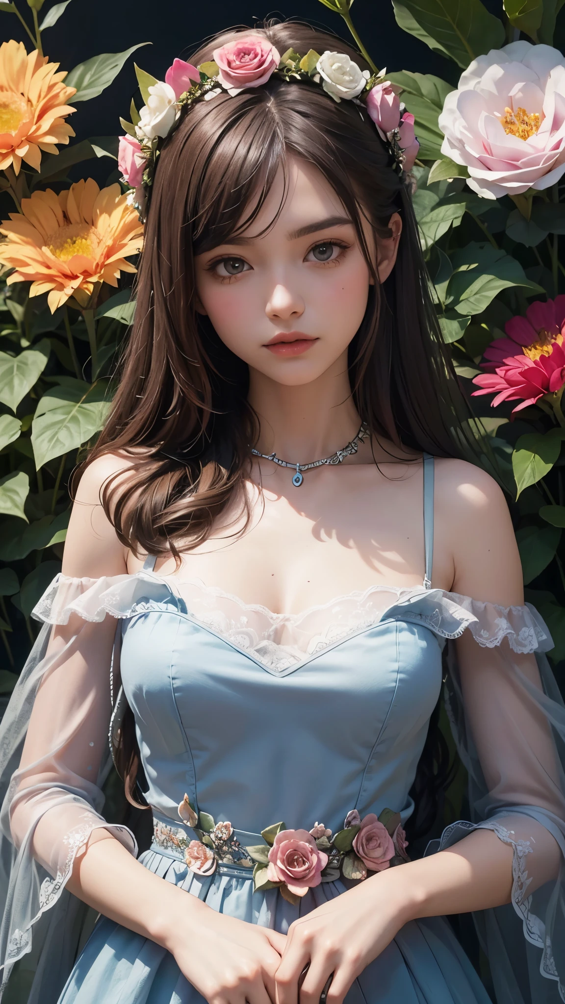 skeleton, flower crown, many flowers, surrounded by flowers, nostalgic, gorgeous atmosphere, top quality, 8k