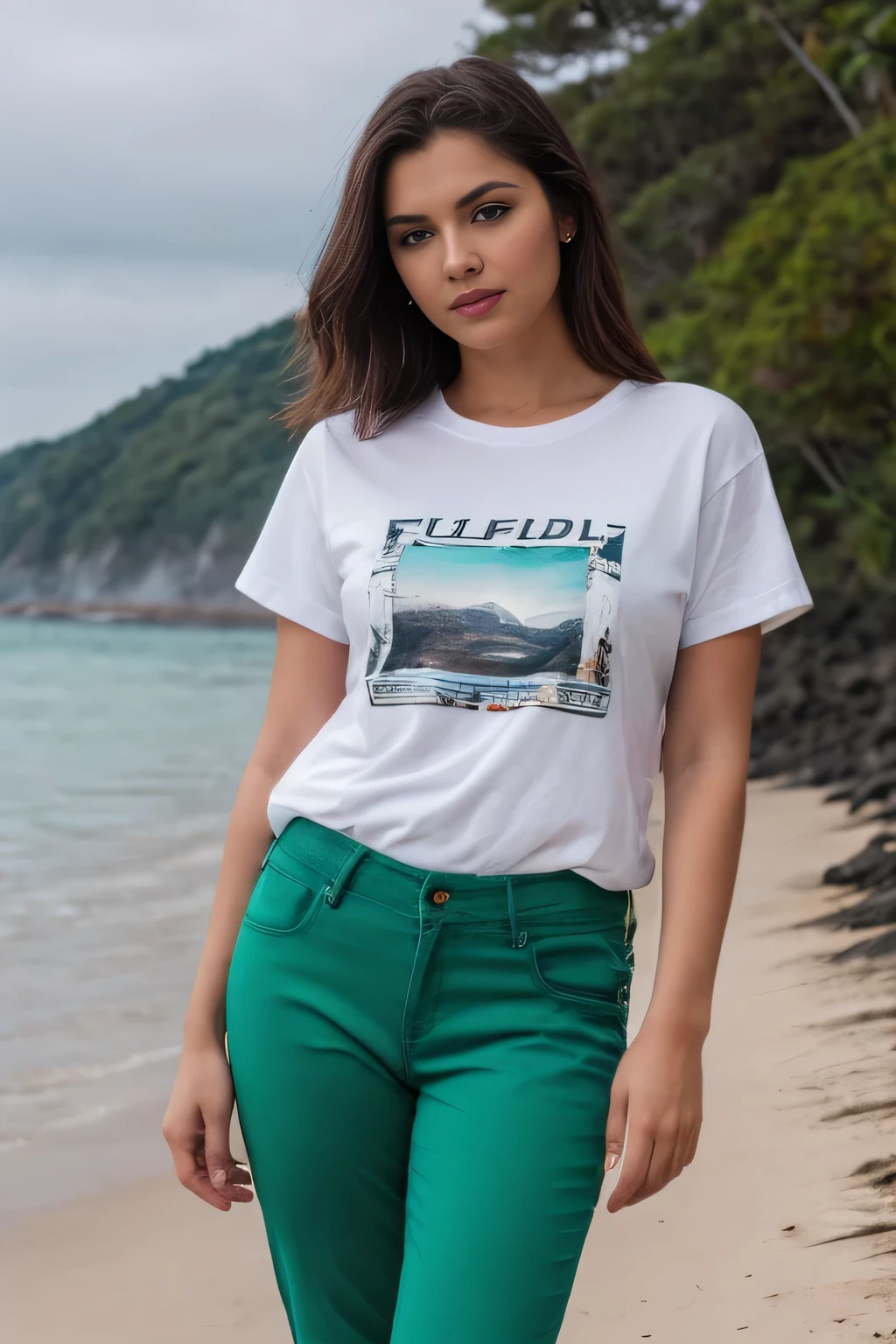 8k uhd, dslr, high quality , RAW photo, Realistic Photography , Full Body, Fujifilm XT3, Canon R5, Handsome female model, beach , t shirt and jeans green pants