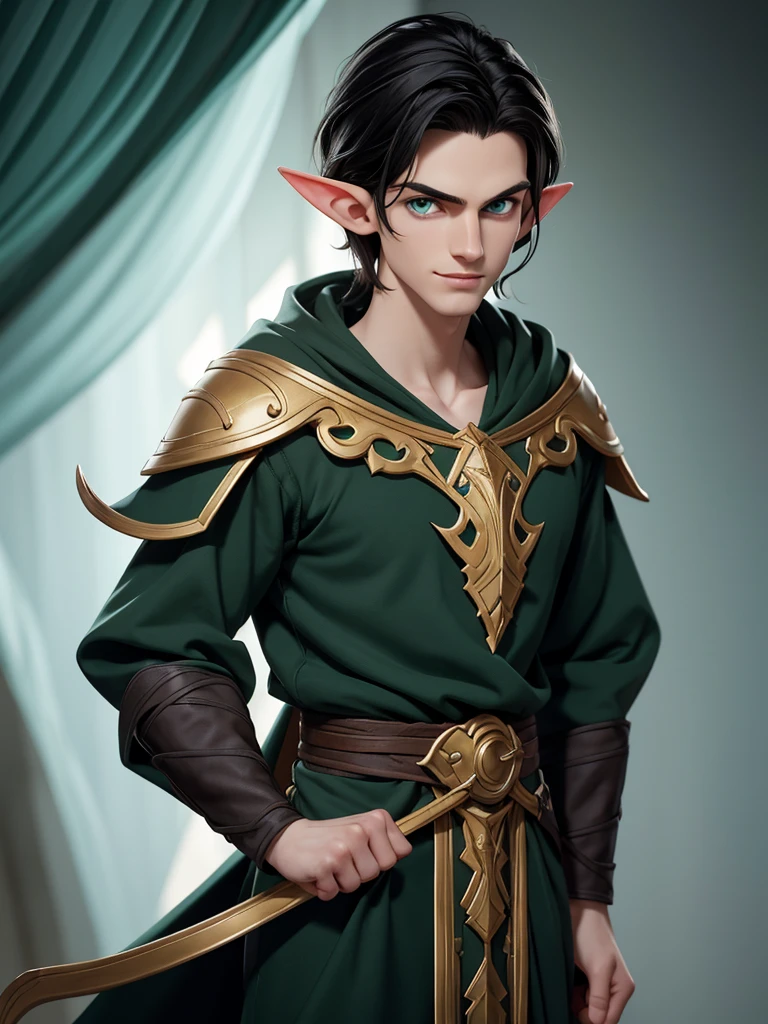 (best quality), 1boy, male, pale skin, black hair, medium hair, curtain hair, tousled hair, green eyes, perfect eyes, dark circles under eyes, tall, slender, handsome, strong jawline, lazy, light smile, attractive, (elf), pointed ears, fantasy clothes, masterpiece, anatomically correct, highres
