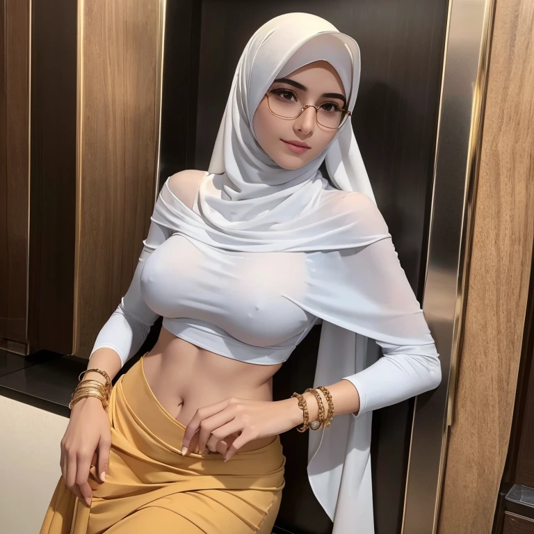 A beautiful high school glasses Arabian  girl model, white skin, sharp nose, thin lips, circle face, skinny hands, skinny legs, tight bra, huge breast, off shoulder, wear hijab, arm sleeve, golden bangles, bracelets, necklaces, swiss polo watch, crowded in the elevator, detailed squinting eyes, detailed horny face,(best quality,4k,8k,highres,masterpiece:1.2),ultra-detailed,(realistic,photorealistic,photo-realistic:1.37),studio lighting,extreme detail description,vivid colors