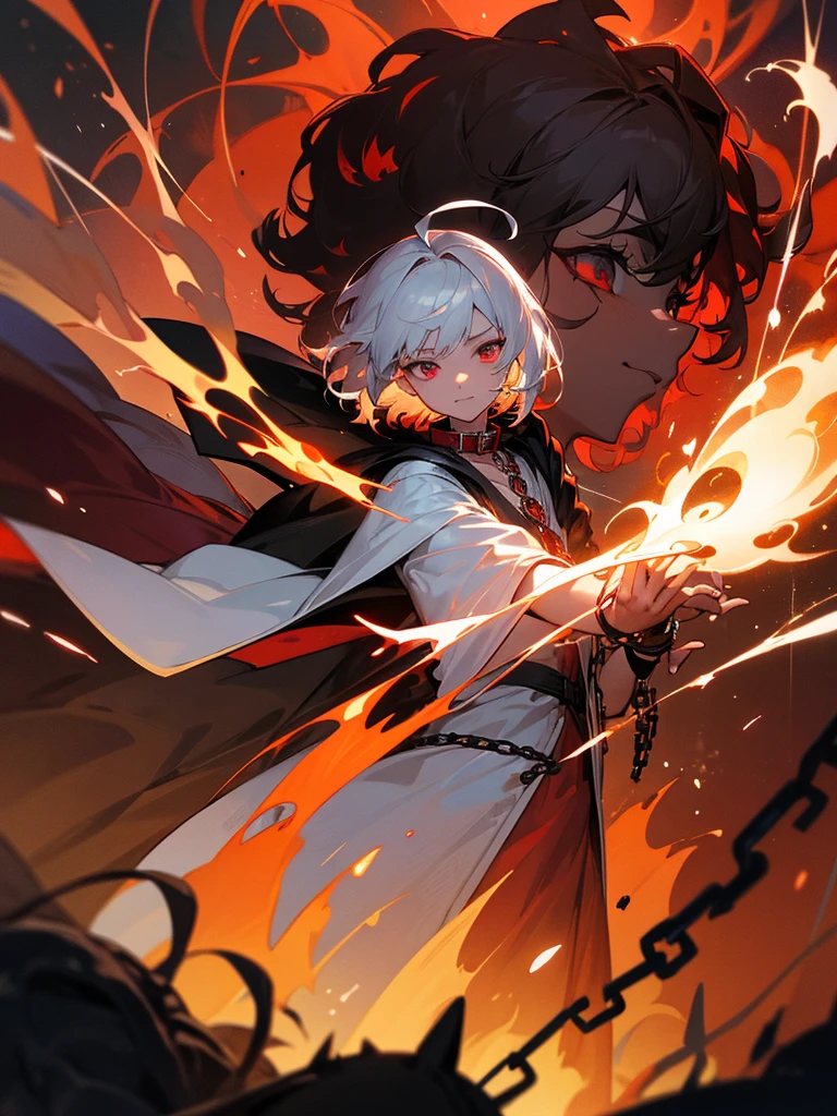elf, silver hair, short hair, medium cut, ahoge, curly hair,scarlet eyes,slender,fair skin, Mediovale, solo, cool smile, with crazy eyes, Tattered clothes, fire effect, chain, dark fantasy, dark atmosphere, Traumacore, Collar with chain, bracelet on a chain, Crimson fire effect, Mournful Scene, Sad Scene, Scene of Sorrow, Moment of Despair, chain rod, wizard robe, eclipse, wizard, s wand with scarlet gem