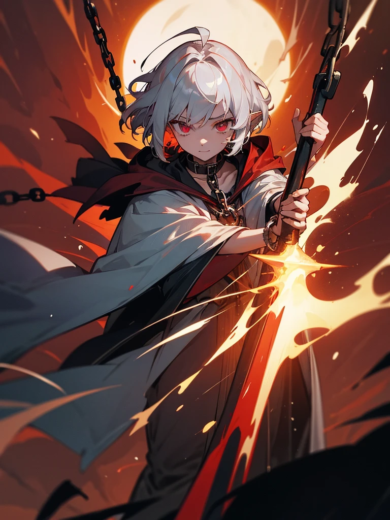 elf, silver hair, short hair, medium cut, ahoge, curly hair,scarlet eyes,slender,fair skin, Mediovale, solo, cool smile, with crazy eyes, Tattered clothes, fire effect, chain, dark fantasy, dark atmosphere, Traumacore, Collar with chain, bracelet on a chain, Crimson fire effect, Mournful Scene, Sad Scene, Scene of Sorrow, Moment of Despair, chain rod, wizard robe, eclipse, wizard, s wand with scarlet gem