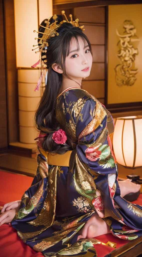 ((masterpiece(:1.4)，Highest quality，Ultra-high resolution，Highest quality，8k，Extremely detailed，In detail))。night，Japanese，A beautiful woman，Golden Ratio Style，glamorous，Big Breasts，Oiran，Long-sleeved kimono，Hair tying，hair ornaments，smoke tube，geta，Gorgeous and luxurious，(イメージビデオの撮影で遊郭にてOiranに扮したグラビアアイドルの様子)，Hyper Quality，Realistic，Actual person