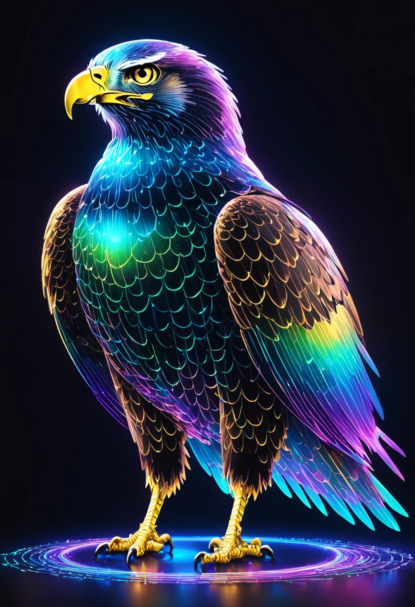 digital graphic CG art, huge hawk with a dignified face and wings spread, 2.5D, delicate and dynamic, iridescent neon effects, ascii_art, holographic