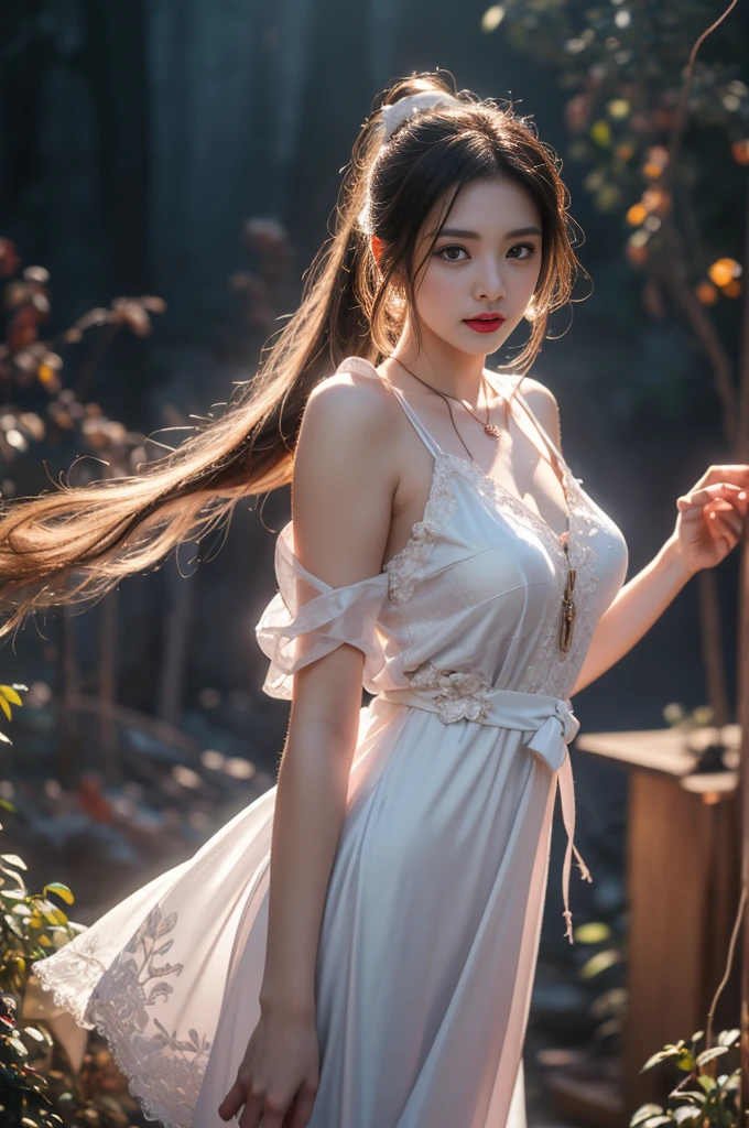 1 beautiful girl in Hanfu costume, ((dark blue thin silk nightgown with many patterns)), white lace nightgown, long platinum purple ponytail Hair, Jewelry, ear jewelry, bracelet neck and necklace, carefully drawn big purple eyes, careful makeup, Thin eyebrows, high nose, beautiful red lips, no smile, pursed lips, pink cheeks, wide chest, big chest, proportional chest, waist slim, shapely buttocks, white fishnet stockings, feet in white shoes, Chinese hanfu style, fictional art texture, lots of light and realistic colors, RAW photos, realistic photos, 8k hyper-realistic photos ultra high quality, (effective fantasy lighting effect: 1.8), 10 x pixels, magic effect (Background): 1.8), super detailed eyes, full body portrait of girl, Royal garden background Chinese, dynamic posture