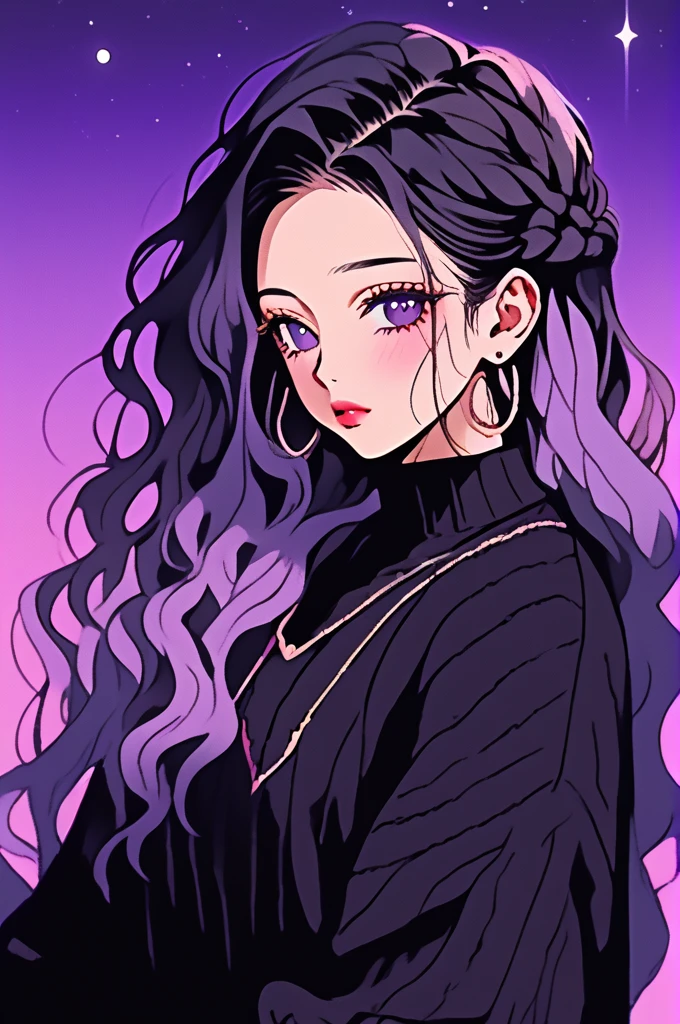 (Highest quality, sketch:1.2),Realistic,Illustrator,anime,1 girl, Detailed lips,sweater,custom,Pink gradient background,Neon Hair,Texture Clipping,masterpiece, style: Retro Classic, Dark Black、Braiding、Under the Moon、黒とpurpleの髪、Beautiful books、Straight Long Hair、Hair is Night 、purple、Real