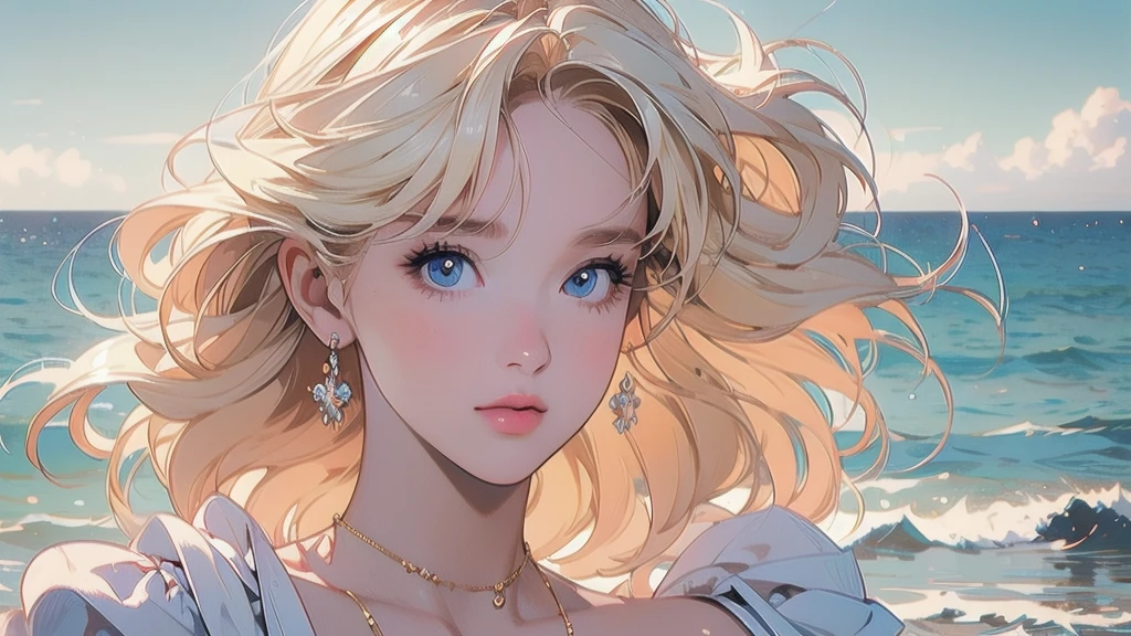 a girl walking on the beach, beautiful detailed eyes, beautiful detailed lips, extremely detailed face and skin, long eyelashes, beautiful blonde hair flowing in the wind, white dress, sunlight glowing on her skin, ocean waves, cloudy blue sky, golden sand, calm serene atmosphere, (best quality,4k,8k,highres,masterpiece:1.2),ultra-detailed,(realistic,photorealistic,photo-realistic:1.37),natural lighting,vibrant colors,serene landscape,portrait photography