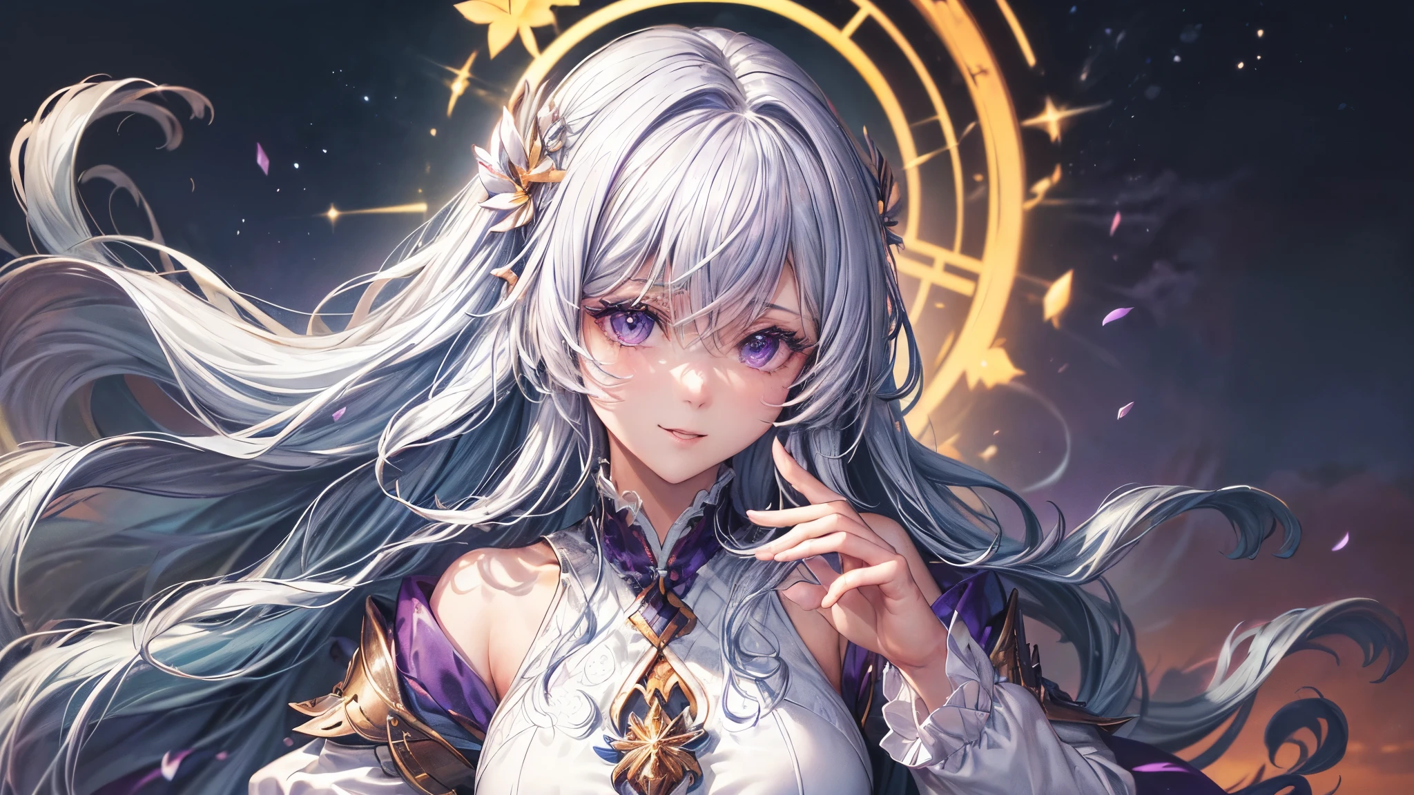 (最high quality, High resolution:1.2), Super detailed, Mysterious, Ethereal atmosphere, Beautiful attention to detail, Detailed lips, masterpiece, Shrinkage rate(8k, 最high quality, masterpiece: 1.2), beautiful girl,Moonlit Night,sexy,Glamour,Purple eyes,sacred,Dynamic pose,One Girl,Flower Field,Lakeside(the best品質を最高に8k, CG, Beautiful and exquisite upper body, Complex facial features, Almond Eyes, Exquisite eye makeup, Long eyelashes fluttering, Blinking big eyes, (masterpiece, 最high quality, the best, Official Art, Beautiful and beautiful, Long-term exposure: 1.2), Smooth movement, Attractive patterns, 1 Girl, (Long sleeve dress: 1.3), (((White clothes) )), Delicate face,Lavender colored hair, Gradient Hair,Long Hair, Bare shoulders, ,Detailed Background, Delicate face,, Dynamic pose, Suspended particles, Ethereal atmosphere,gem,One Girl,goddess，Delicate and beautiful face,Flowing，Perfect balance,  masterpiece, Textured skin, Very detailed, High detail, high quality, High resolution,Smile