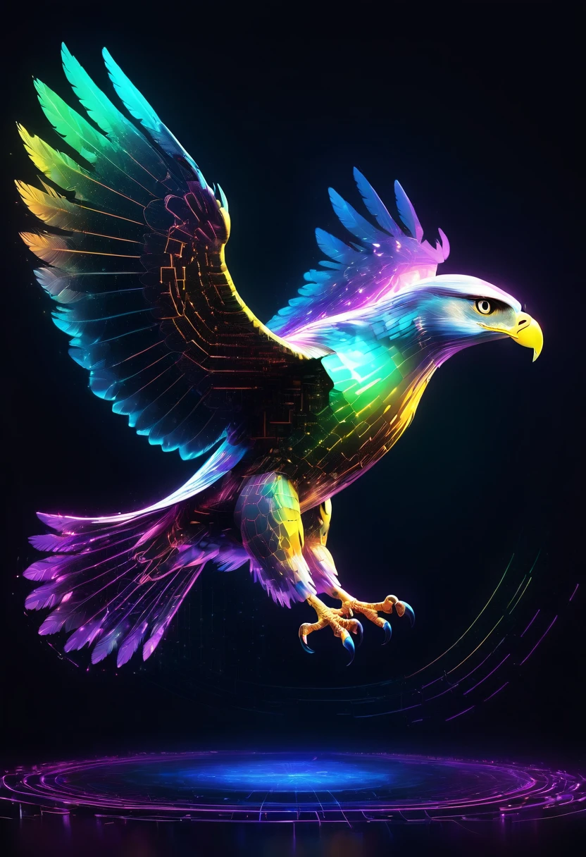 digital graphic CG art, huge hawk with a dignified face and wings spread, 2.5D, delicate and dynamic, iridescent neon effects, ascii_art, holographic