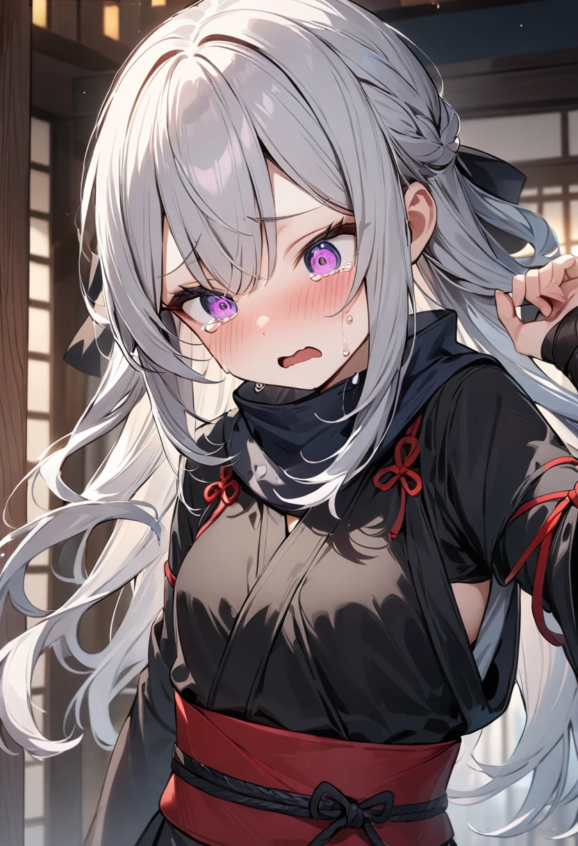 (masterpiece, top quality, very aesthetic, 4k、illustration), intricate detail, 1girl,Standing 、(upper body)、crying aloud face、(),Cute 、Random Hair Color、,middle hair,sidelock ,Random Color eyes、ninja clothes、small breasts、Slim 、