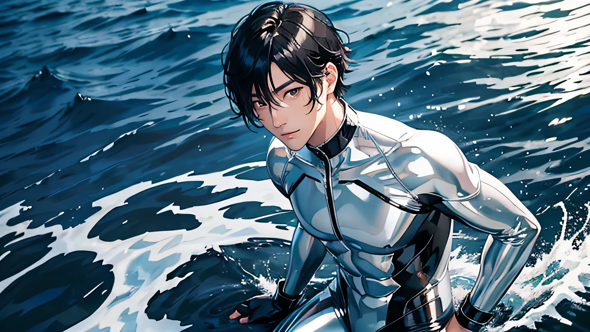 Handsome Japanese male models Black Hair Short cut Slim figure smile looking at the camera soaked Ocean Shiny white and silver suit A shiny silver latex suit that covers the skin Bulge クローズup Bright blue sky up Kneel