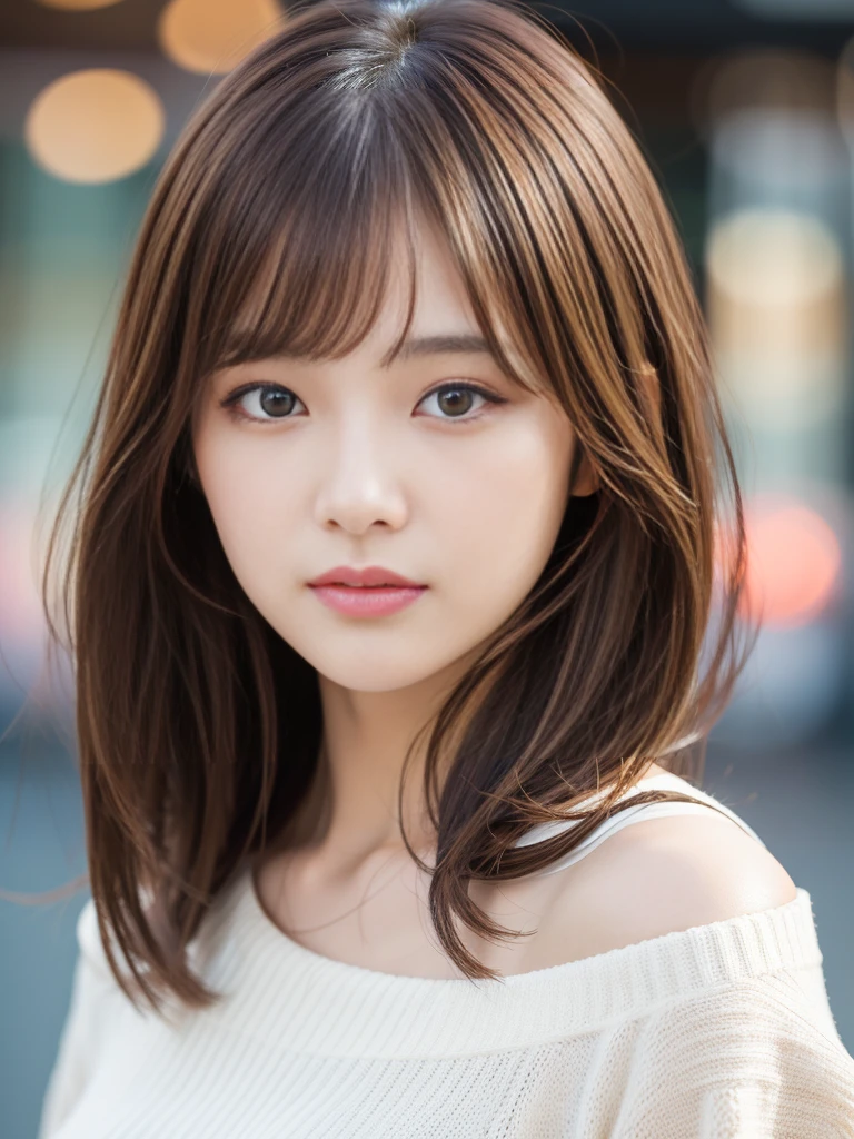 Ultra High Definition, Superior Quality, Premier Quality, ultra detailed, Photorealistic, 8k, RAW Photos, highest quality, masterpiece, Attractive girl, Stunning girl, Brown Hair, Shoulder Length Layered, asymmetrical bangs, K-pop Idol, Sophisticated, Stylish, white knit, Shibuya,