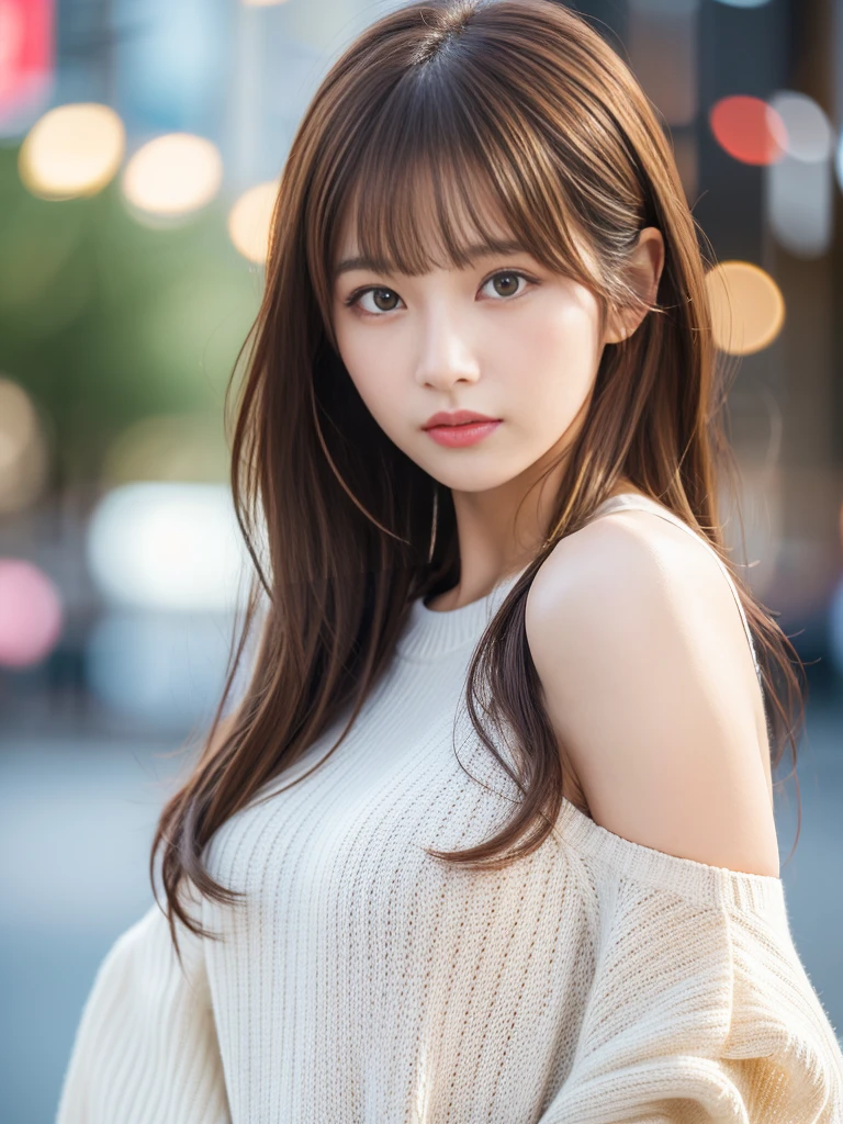 Ultra High Definition, Superior Quality, Premier Quality, ultra detailed, Photorealistic, 8k, RAW Photos, highest quality, masterpiece, Attractive girl, Stunning girl, Brown Hair, Shoulder Length Layered, asymmetrical bangs, K-pop Idol, Sophisticated, Stylish, white knit, Shibuya,