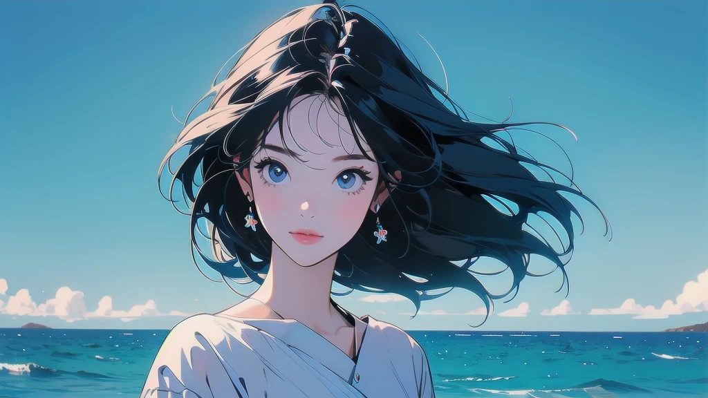 blue sea background, blue sky background, 1 girl