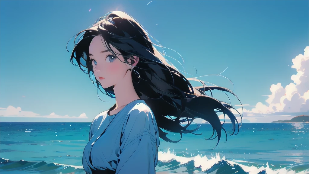 blue sea background, blue sky background, 1 girl