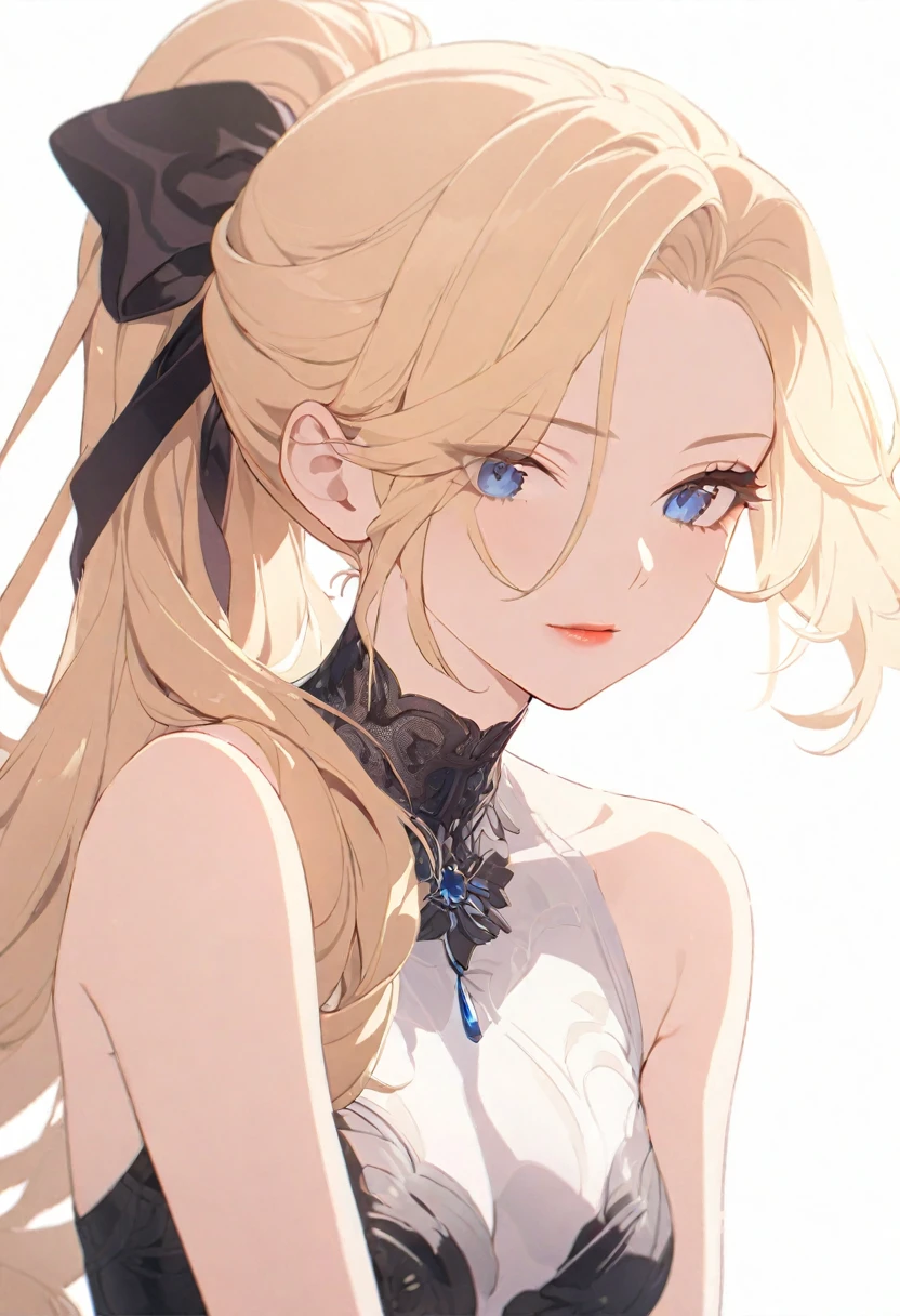 无与伦比的masterpiece, 8k CG, Perfect work of art, ((Perfect female image)), Mature woman, Slim waist, Tempting, Clean, Pretty Face, {Extremely beautiful} , 8k wallpaper, {{{masterpiece}} }, 1 Girl, Blonde Hair, blue eyes, Ponytail, Lips, Lipstick, Long hair, Look at the audience, White background, Solitary, Upper Body, (Glowing skin),