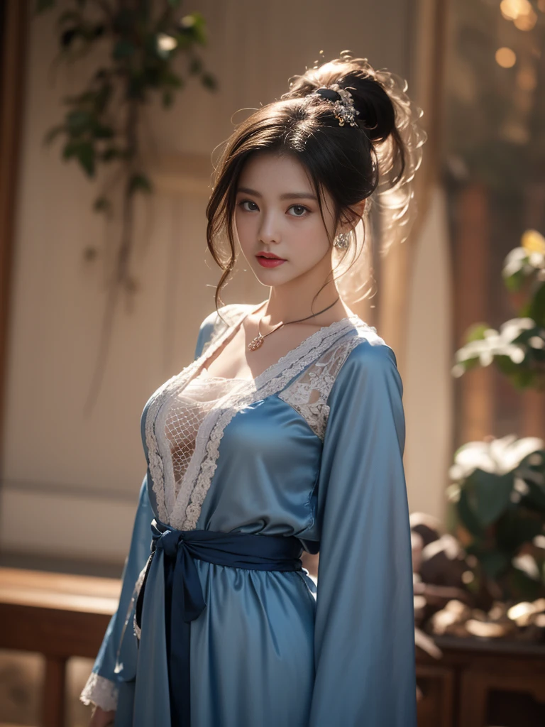 1 beautiful girl in Hanfu costume, ((dark blue thin silk nightgown with many patterns)), white lace nightgown, long platinum purple ponytail Hair, Jewelry, ear jewelry, bracelet neck and necklace, carefully drawn big purple eyes, careful makeup, Thin eyebrows, high nose, beautiful red lips, no smile, pursed lips, pink cheeks, wide chest, big chest, proportional chest, waist slim, shapely buttocks, hands wearing thin gloves, white fishnet stockings, feet wearing white shoes, Chinese hanfu style, fictional art texture, lots of realistic lighting and colors, RAW photos, real photos realistic, ultra-high quality 8k hyper-realistic photo, (effective fantasy lighting effect: 1.8), 10 x pixels, magic effect (Background): 1.8), super detailed eyes, full body portrait of girl, Chinese royal garden background, dynamic pose