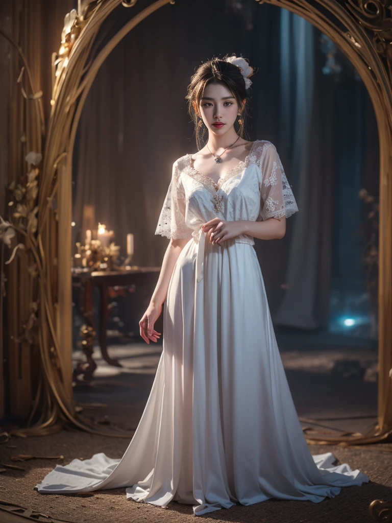 1 beautiful girl in Hanfu costume, ((dark blue thin silk nightgown with many patterns)), white lace nightgown, long platinum purple ponytail Hair, Jewelry, ear jewelry, bracelet neck and necklace, carefully drawn big purple eyes, careful makeup, Thin eyebrows, high nose, beautiful red lips, no smile, pursed lips, pink cheeks, wide chest, big chest, proportional chest, waist slim, shapely buttocks, hands wearing thin gloves, white fishnet stockings, feet wearing white shoes, Chinese hanfu style, fictional art texture, lots of realistic lighting and colors, RAW photos, real photos realistic, ultra-high quality 8k hyper-realistic photo, (effective fantasy lighting effect: 1.8), 10 x pixels, magic effect (Background): 1.8), super detailed eyes, full body portrait of girl, Chinese royal garden background, dynamic pose