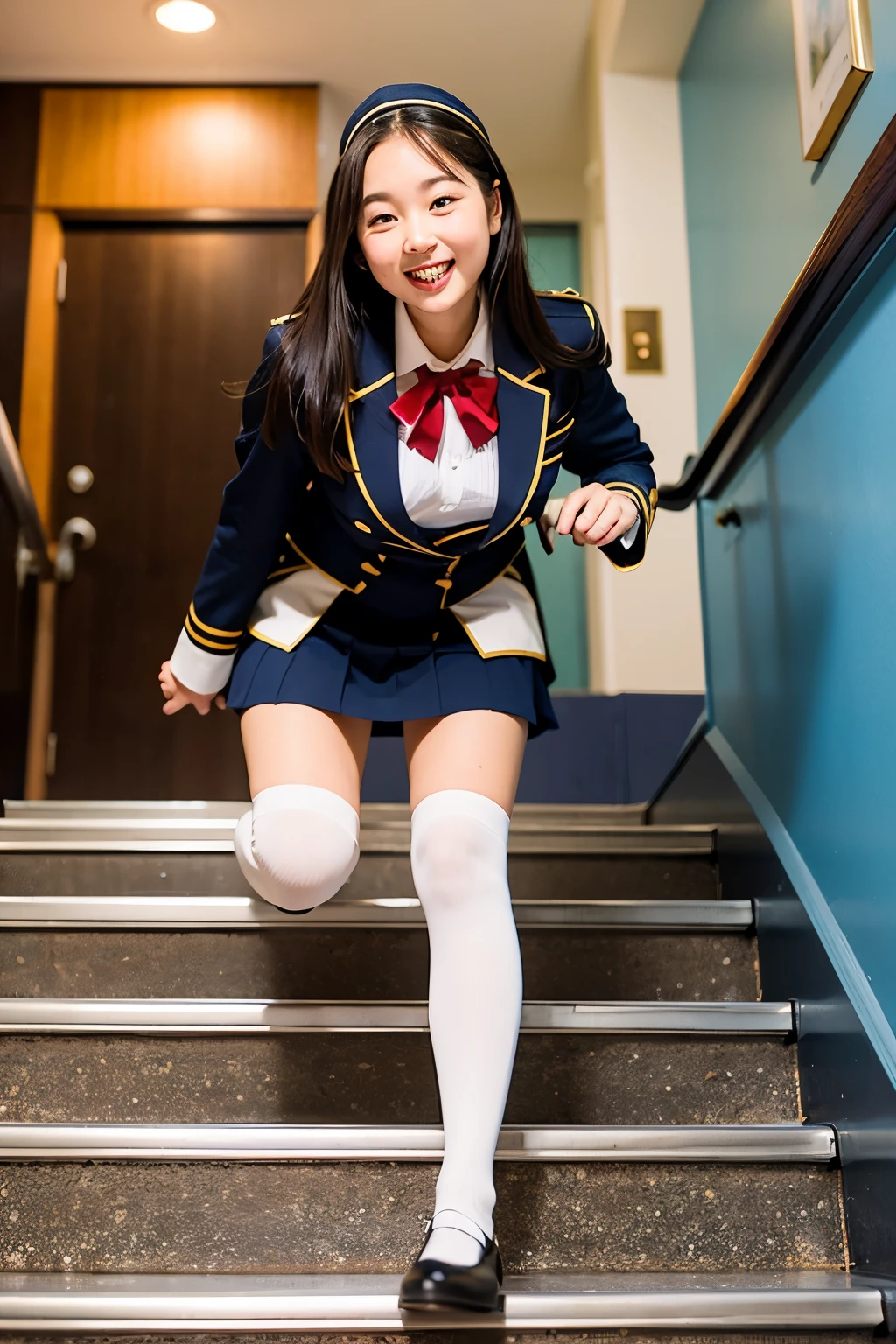 A high school girl in a uniform with navy blue knee-high socks and a skirt that goes up to her knees is climbing a flight of stairs, and I&#39;m peeking at her from below. I&#39;d like the panties to be pure white.